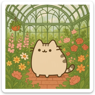 beige pusheen-style kitten in a botanical garden greenhouse filled with flowers sticker