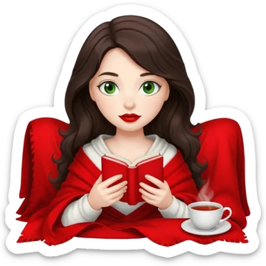 Long wavy dark brown haired, white skinned, dark green eyed girl with red lipstick wrapped in a red and white blanket, sipping tea and reading a book sticker