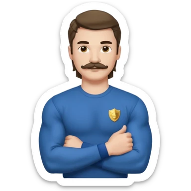 generate an ios genmoji of a 20 year old boy with shoulder length hair and a mullet. cop mustache. BIG biceps and wearing a full sleeve tshirt that fits his biceps sticker