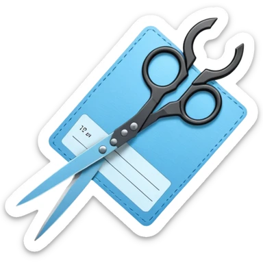 Floating black Scissors cutting a light blue military ID card in 2 parts .hyper realistic sticker