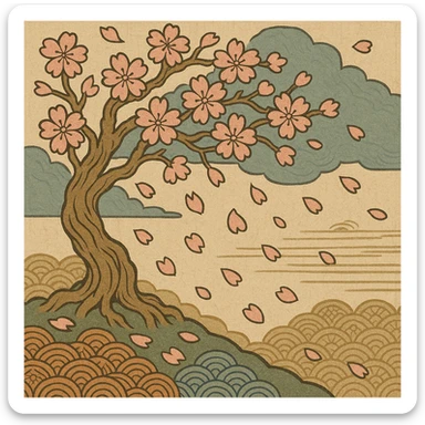 cherry blossom tree with petals falling, ukiyo-e style illustration sticker