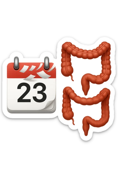 emoji stile iphone di un calendario con fogli che volano insieme a pezzi anatomici di colon umano, iperrealistico 4k, isolato su sfondo bianco sticker
