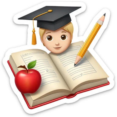An icon featuring an open book, a chalkboard with lesson plans, and a pencil, symbolizing education and pedagogy. The design includes an apple and a graduation cap, representing teaching and learning. Transparent background highlights the growth and development in education. sticker