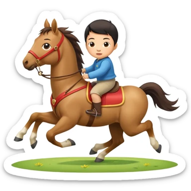 l little chinese baby riding on a  cute horse running really fast on the grass with 2026 year's label sticker