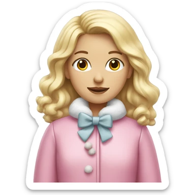 A blonde girl with a pink winter coat, white mittens, and a bow  sticker