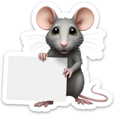 RAT, its right side turned, looking to the right, holds a blank sign sticker