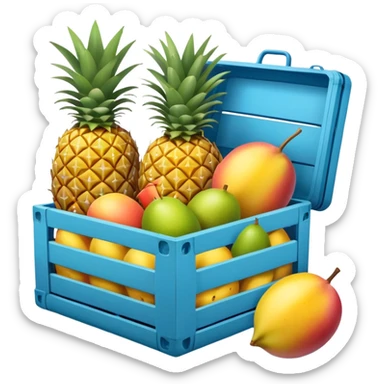 pineapples, mango and passion fruit in a blue crate sticker