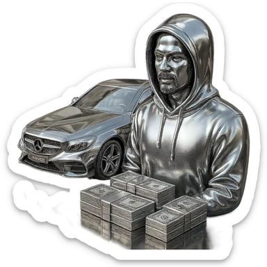 Edit the Indian man to wear a hoodie with a chrome hood, keep his goatee, add money on the side, and make the AMG car chrome. Keep the background transparent. sticker