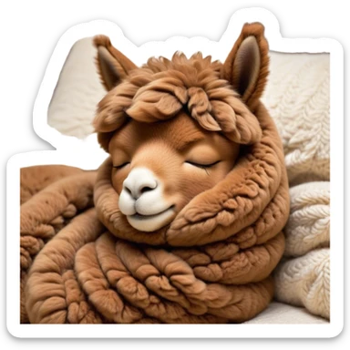 Meme-Worthy Cute Sleeping Brown Alpaca Portrait Emoji, Head resting peacefully with a contented smile, showcasing a delightfully sturdy build and a luxuriously soft brown fleece, eyes shut in a serene nap, Simplified yet hilariously adorable features, highly detailed, glowing with a soft, drowsy light, high shine, relaxed and utterly lovable, stylized with an air of playful laziness, bright and heartwarming, soft glowing outline, capturing the essence of a comically sleepy alpaca, so meme-worthy it feels like it could instantly become the next viral sensation of adorable slumber! sticker