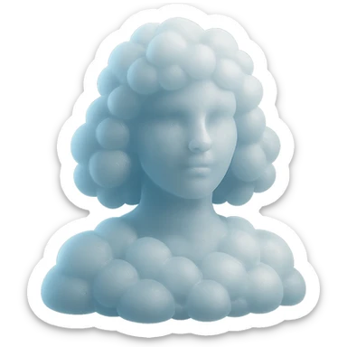 person looking straight, composed entirely of white fluffy convex clouds, shoulder length, matte glass style, no background, clouds with slight transparency sticker