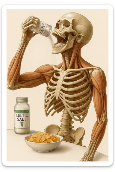Create a vertical hyperrealistic 4K medical illustration in the style of the reference image. Depict an anatomically accurate human body holding a jar labeled 'CELTIC SALT', pouring salt into his mouth during breakfast. The background should be neutral and clear, with extreme detail and vertical format. Maintain the ultra-detailed medical illustration style as in the reference. sticker