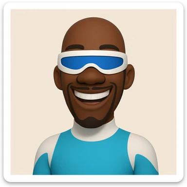 Frozone, memoji style, blue and white superhero suit, smiling, cartoonish face sticker