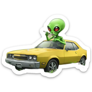 alien in classic car smoking grass sticker