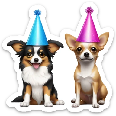 Mini Aussie with a party hat next to a chihuahua with a party hat sticker