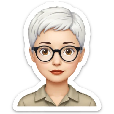 anthropologist woman, short cropped pixie white hair, brown brows, glasses sticker