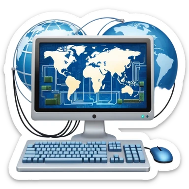 An icon featuring a computer monitor displaying code, a globe with network nodes, and a circuit board, symbolizing IT. The design includes data streams, cloud storage, and a keyboard, representing digital innovation, connectivity, and problem-solving. Transparent background sticker