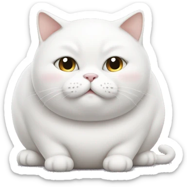 chubby white cat with a belly sticker