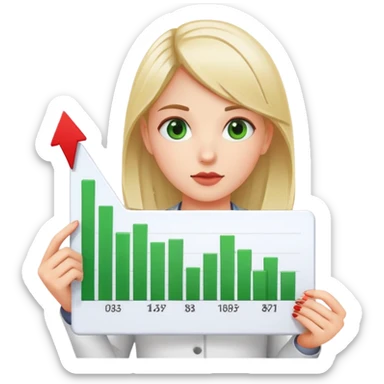 Girl holding chart with rising green graph line in right hand and holding another chart with falling red graph line in left hand sticker