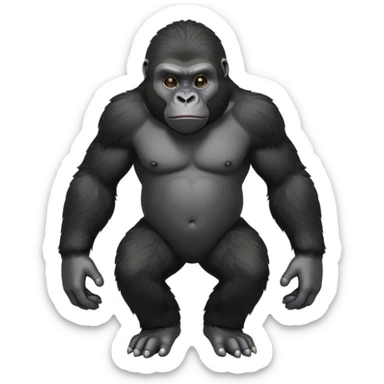 cinematic-friendly relaxed young gorilla-realistic-full-body-crouched on all fours on knuckles-emoji,-poised-with-confidence,-massive-arms-hanging-slightly-forward,-head-tilted-thoughtfully,-thick-black-fur, friendly ,-simplified-yet-realistic sticker