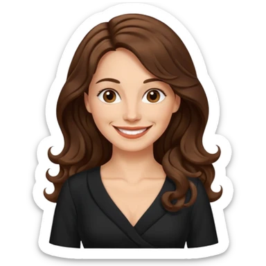 40 yr croatian woman, long wavy brown hair, big smile, side part, black dress
 sticker