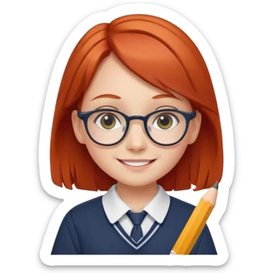 red long hair girl kid with glasses → holding a pencil with school uniform sticker