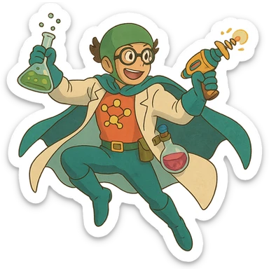ghibli style chemistry superhero in dynamic pose with science gadgets and vibrant colors sticker