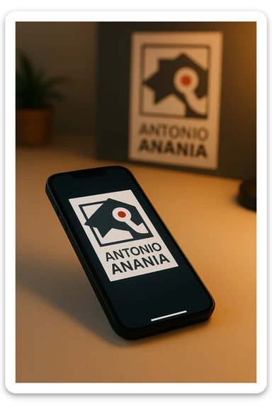 A photo of an iPhone with the message "Antonio Anania" on its screen, The phone sits atop a desk with a blurred background that suggests work environment. A faint glow from above casts gentle shadows across the surface of each object, creating depth and highlighting their textures sticker