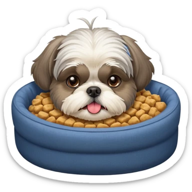 old grey shih tzu in dog bed with bowl of food tongue hanging out sticker