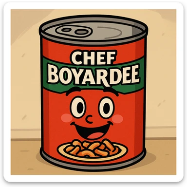 cartoon style can of Chef Boyardee pasta, bright colors, smiling face on the can, playful, simple background sticker