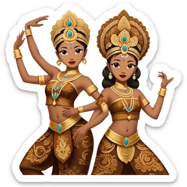 ​Cinematic Realistic Traditional Javanese Dancers, depicted as two graceful dancers in ornate traditional costumes with intricate batik patterns and elaborate headpieces, captured in dynamic poses during a ritual dance in an ancient temple courtyard, rendered with soft golden lighting and rich cultural textures, sticker