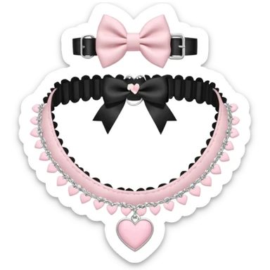 Pastel-baby-rose-pink Lolita-styled aesthetic cute kawaii choker-collar-necklace adorned with with white frills, roses, hearts, bow tie, silver chains,  sticker