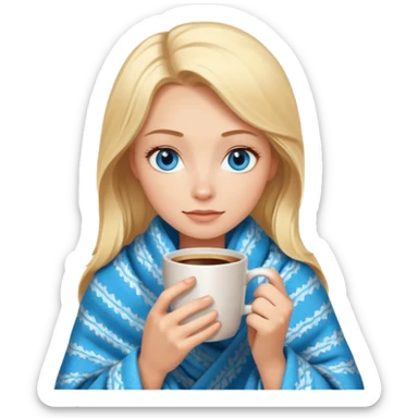 Blonde with blue eyes wrapped up in a cozy blanket with a hot coffee sticker