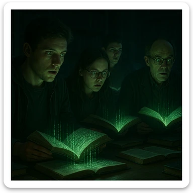 people in a study room immersed in books with pages transforming into green codes, hypnotized expressions, dark and technological environment, realistic details, 4K quality sticker