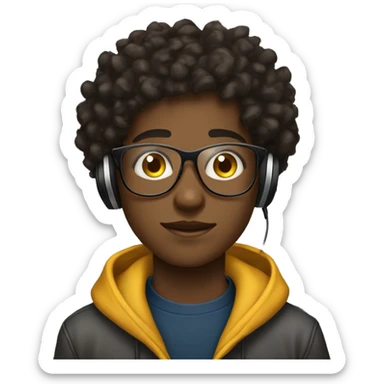 black teen boy whit curly hair and neck chain and glasess and headphones he is 13  sticker