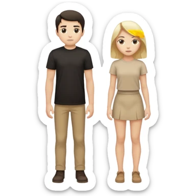 full-body portrait of a young man with short dark hair in a black shirt and a young woman with long blonde hair in a beige shirt, standing together sticker