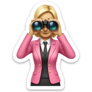 white female employee in pink suit using binoculars sticker
