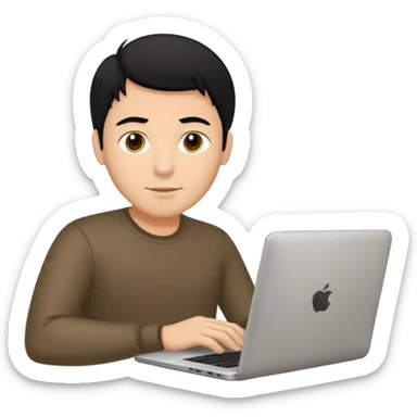 a fair man with black hair working on laptop , front view sticker
