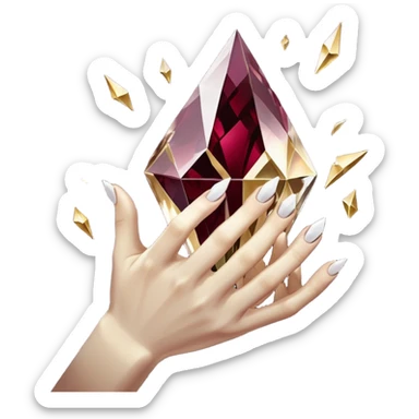 White pov hand outline gripping a shattered diamond prism, light shards projecting luxury items, deep burgundy (#4A0E27) and onyx (#000000) background with metallic gold (#FFD700) fractures, dramatic chiaroscuro lighting, edgy opulence.  Perfect hand and fingers. sticker