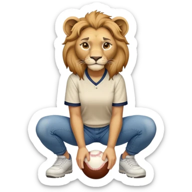 confident anthropomorphised female lion wearing a baseball shirt, jeans, trainers, squatting, empty hands sticker