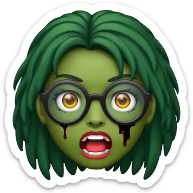 crie um emoji de zumbi feminino, com pele verde, óculos preto e cabelos pretos longos sticker