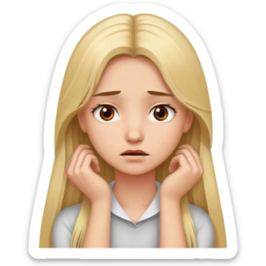 long blonde haired girl with brown eyes upset face with her arms holding her neck sticker