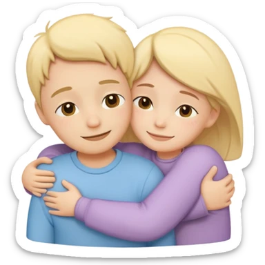 two simplified human characters hugging each other warmly, showing emotional support and friendship, gentle smiles, calm and safe mood, flat custom emoji sticker, soft pastel colors, rounded shapes, minimal details, mental health theme, thick outline, white background, no text sticker