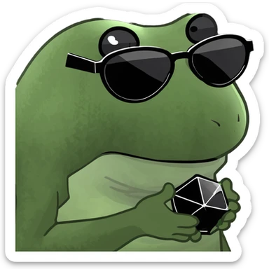bufo with sharp, angular triangular black frame with dark grey smoked lenses, with a mini full dark powerful orb in his hand sticker