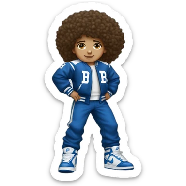Lightskin boy with curly hair. Wearing a blue and white varsity with a fluffy letter B. and nike dunks and matching pants to jacket sticker