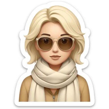 A stylish character with oversized sunglasses and a cozy, wrapped scarf, standing confidently with a cool expression. The scarf has soft folds, and the character’s hair is slightly tousled, giving a fashionable and effortless vibe. Flat, modern illustration, digital art, clean lines, minimal shading, white background, iOS emoji aesthetic. sticker