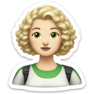 Blonde, chubby, pale woman with green eyes and curly hair and Star Wars shirt and a tabby cat sticker
