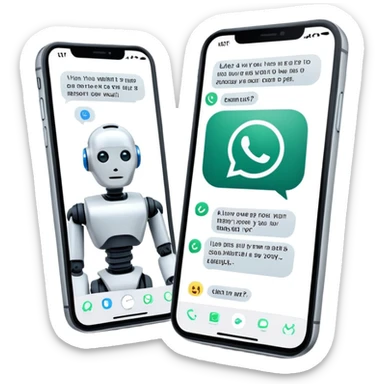 iPhone with WhatsApp chat screen showing a conversation with a robot or AI chatbot sticker