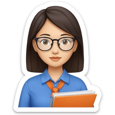 An asian brunette woman teacher with papers and laptop wearing glasses in blue and orange shirt sticker