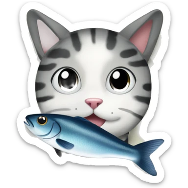 Create an image of the same cat sitting beside fish on a plate sticker