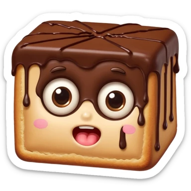 Funny cartoon rectangular chocolate mini pastry, slightly messy and squished, chocolate dripping, big round eyes, wide open mouth, playful surprised expression, text above: "ПАСТИЧКА", chibi style, Twitch emoji style, transparent background, colorful
``


 sticker